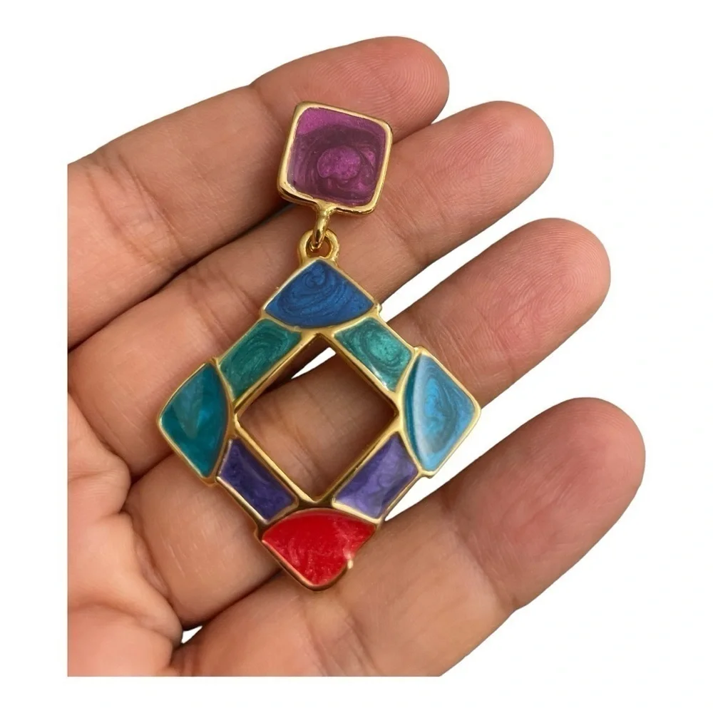Vibrant Multi Color Resin Gripoix Cabochon Gold Plated Pierced Earrings.